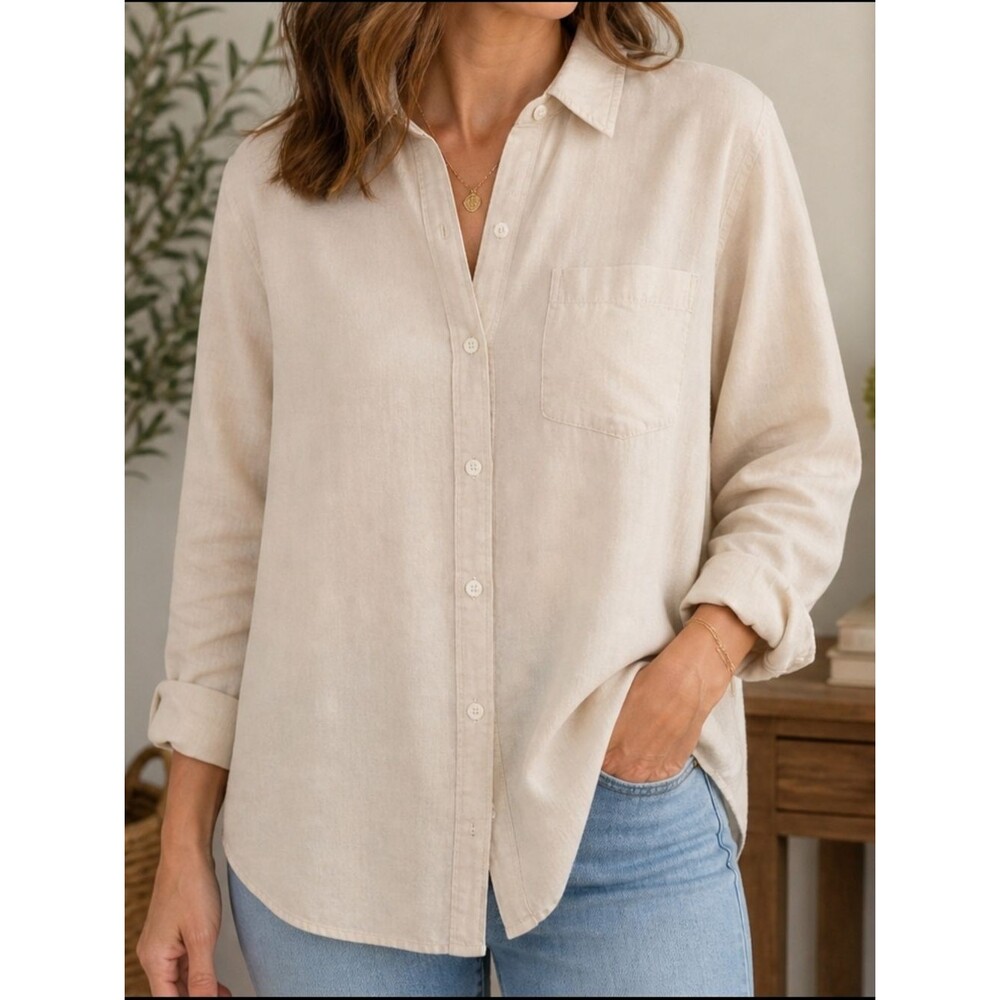 H&M Linen Blend Button Down Shirt Women’s XL Beige Long Sleeve Lightweight Blous
